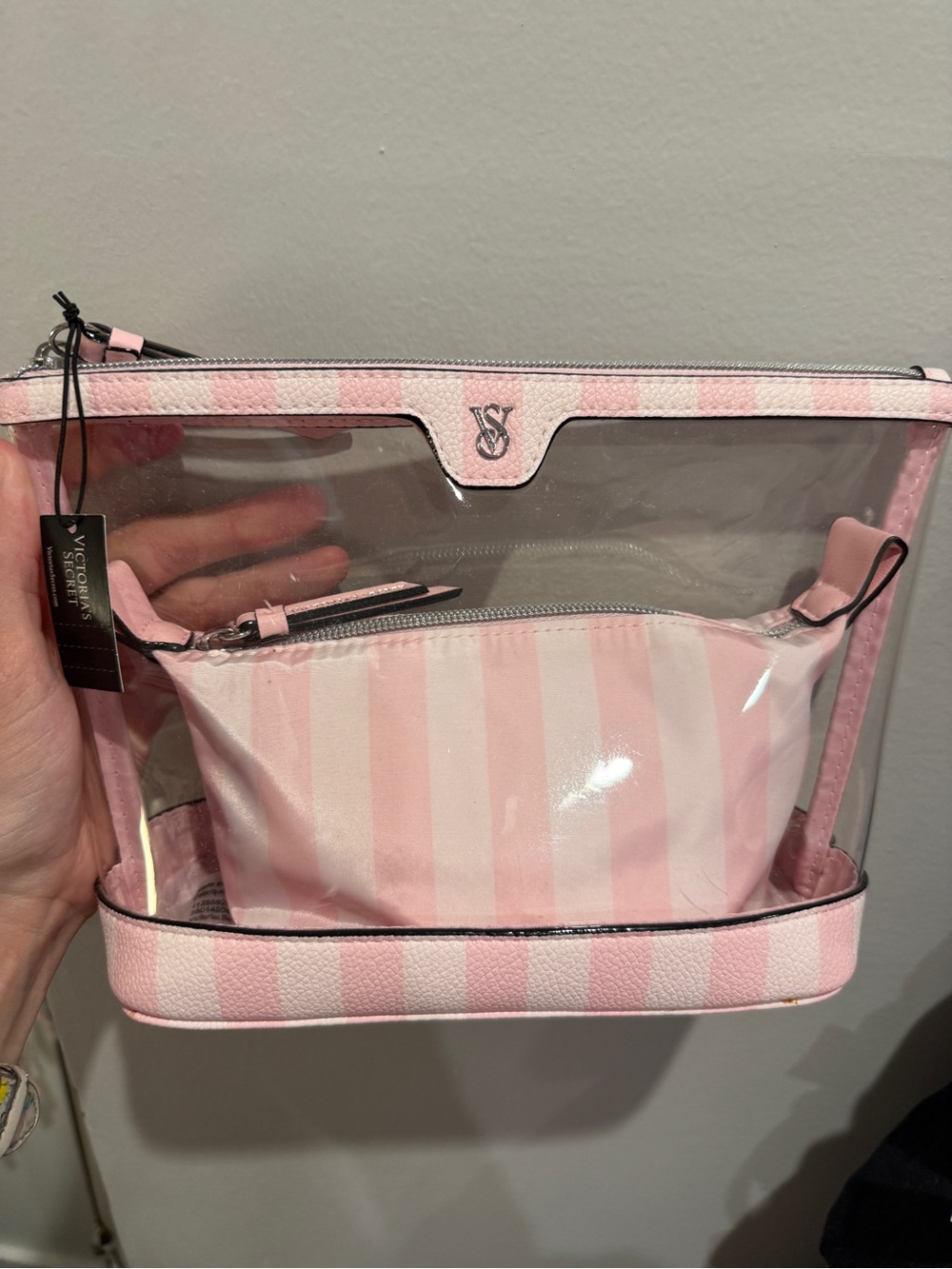 Victoria's Secret Pink & White Striped Clear Cosmetic 2-piece Pouch Set
